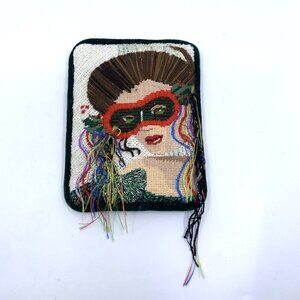 Vintage Handstitched Needlepoint Art Deco Pillow Flapper Masquerade Mask 6.5"x5"